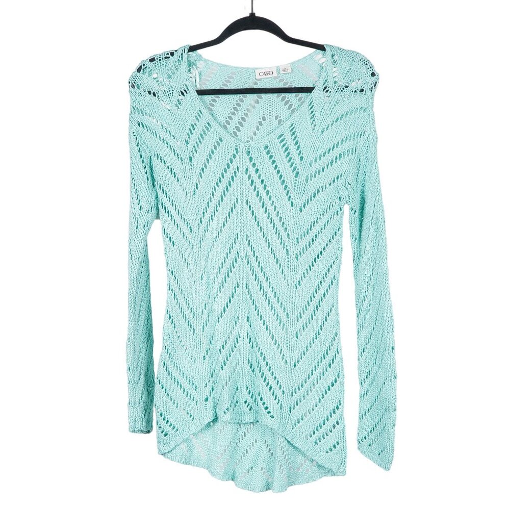 Cato Sweater S Womens Open Knit Pale Sea Green Acrylic Crochet Long Sleeve